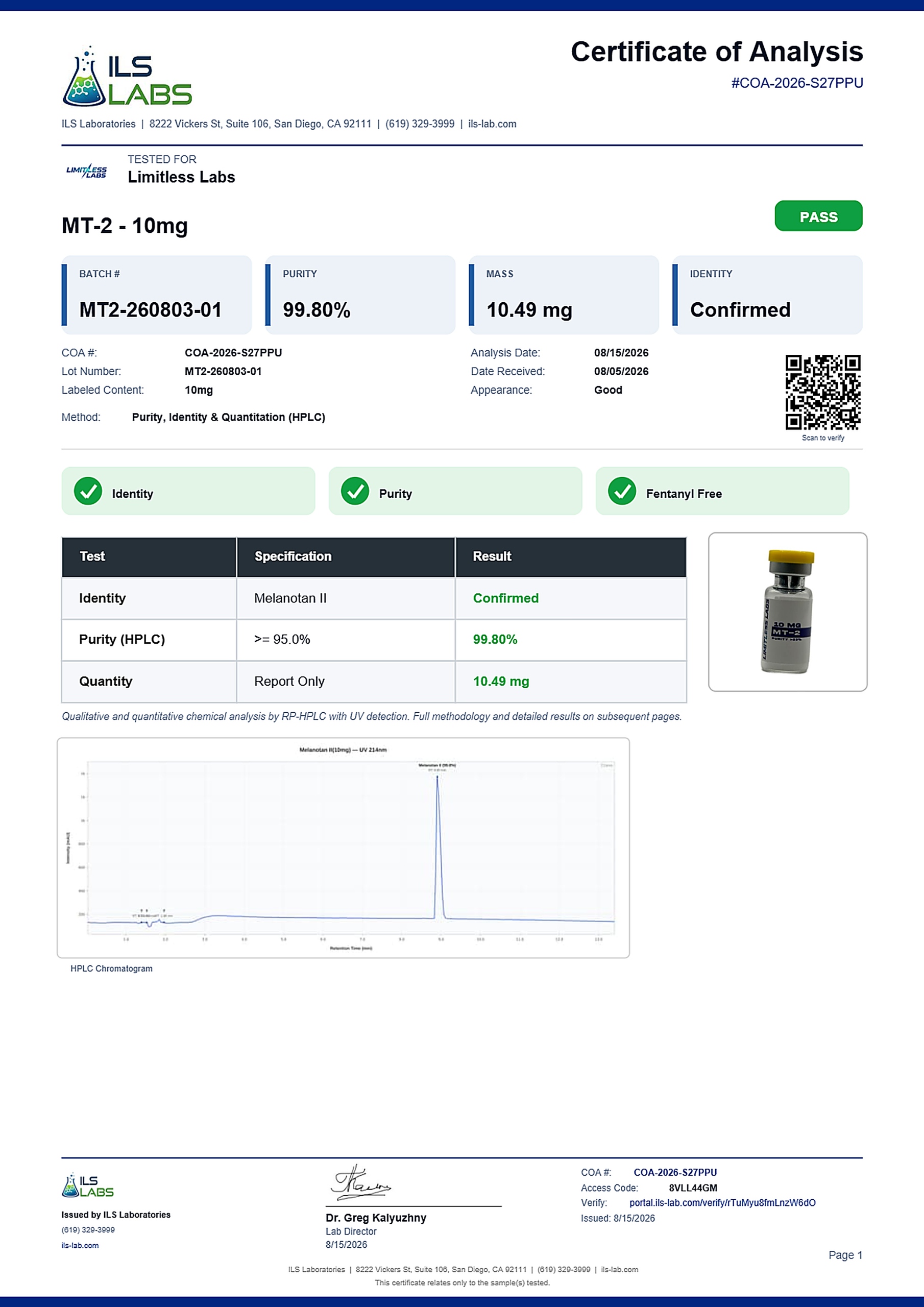 MT-2 Certificate of Analysis