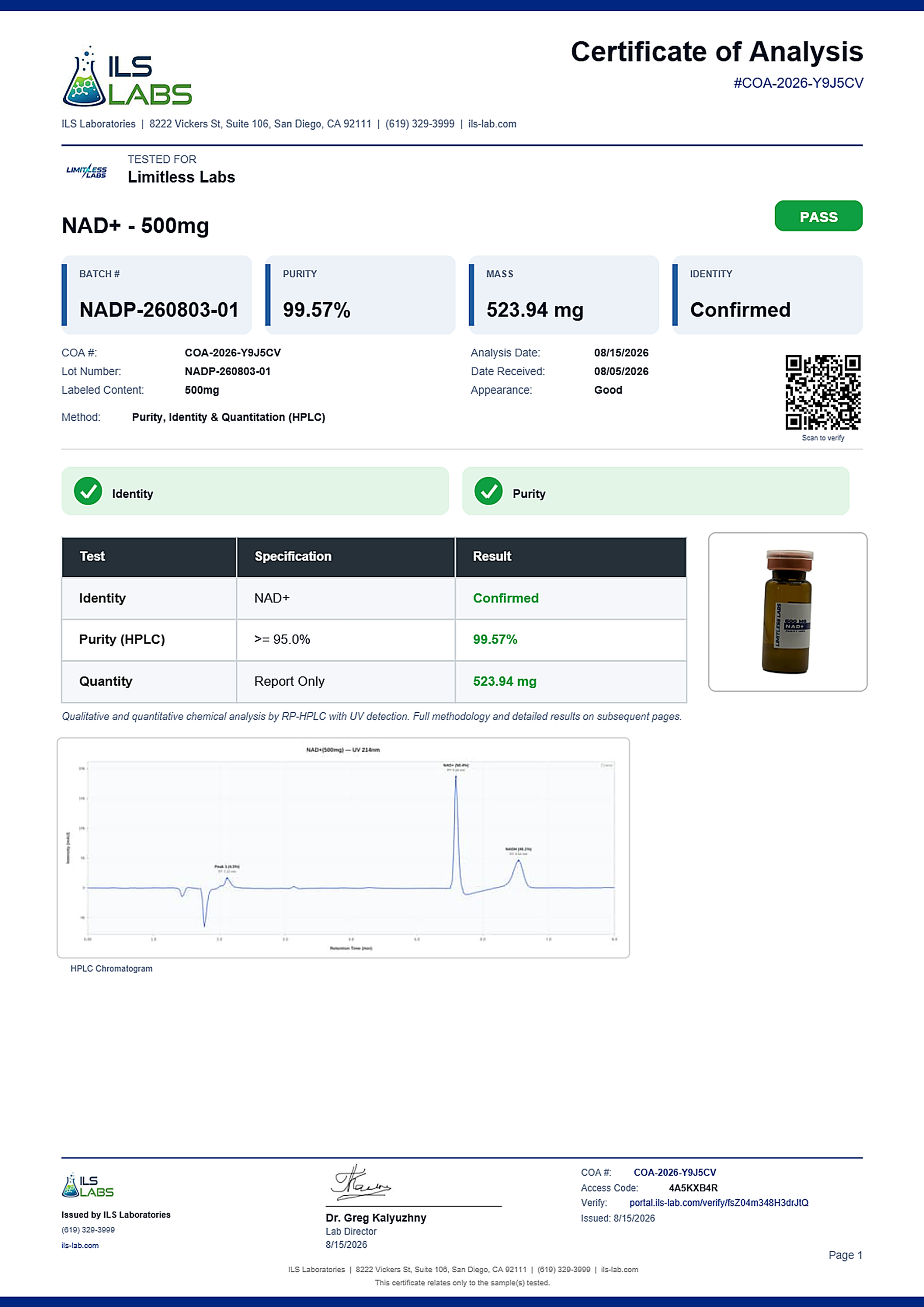NAD+ Certificate of Analysis